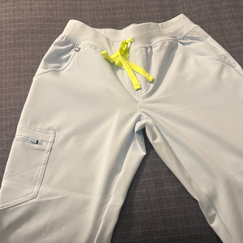 Figs Light Blue Ankle Scrub Pants with Neon Yellow Drawstring